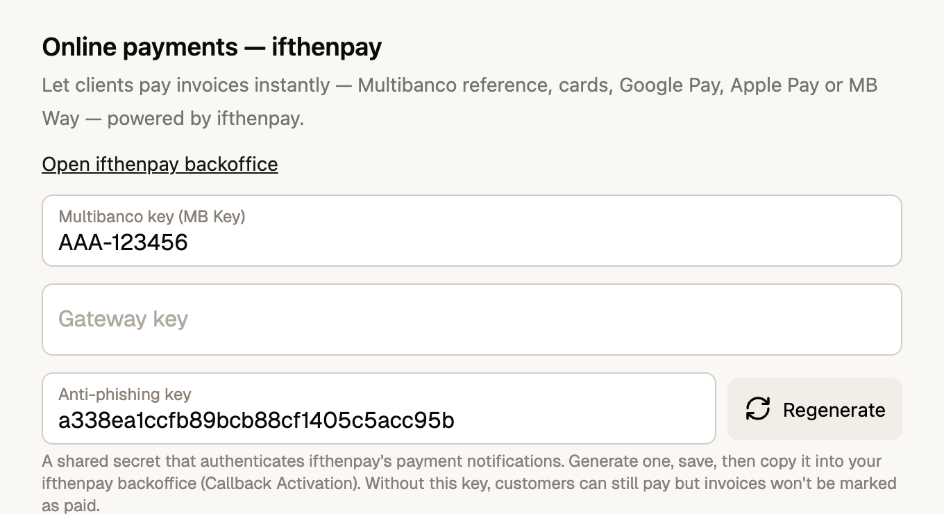 FIZ's online payment settings: the ifthenpay Multibanco key (MB Key) field, plus the anti-phishing key