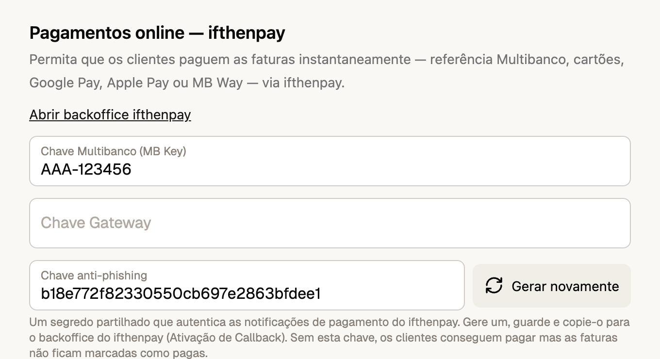 Definições de pagamento online do FIZ: o campo da chave Multibanco (MB Key) do ifthenpay, mais a chave anti-phishing