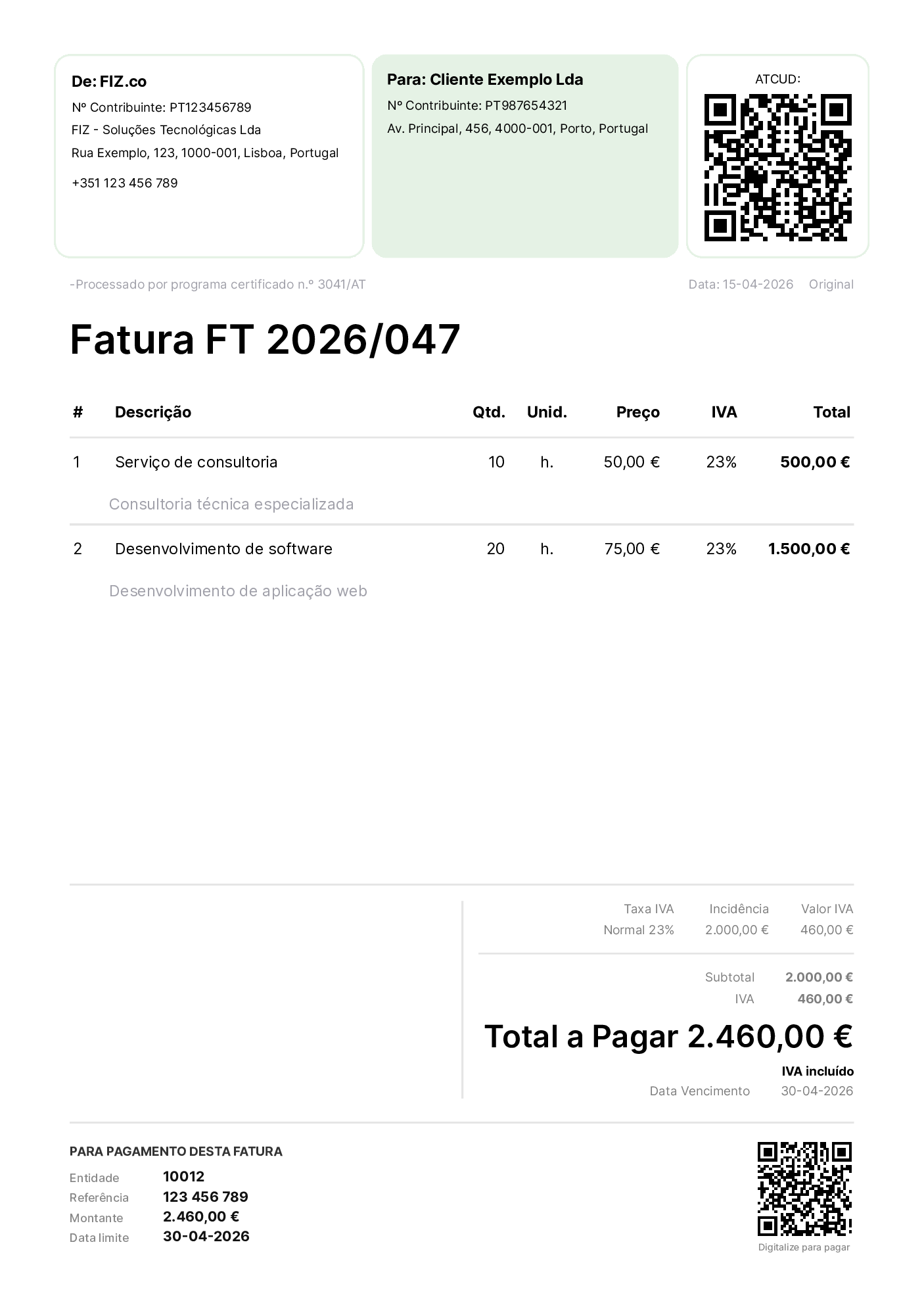 FIZ invoice with the Multibanco reference in the footer: Entity, Reference, Amount and due date, plus a QR code to pay