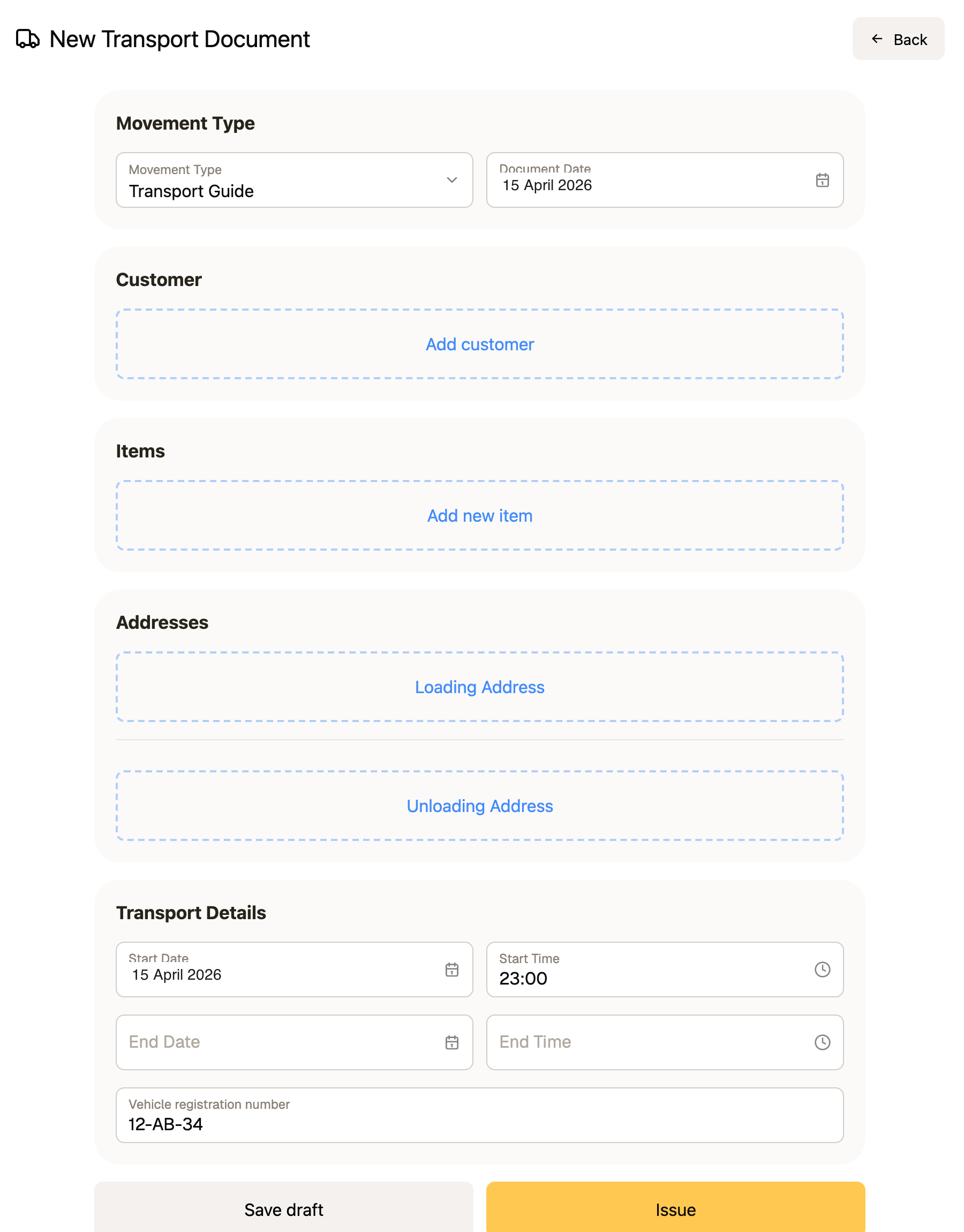 FIZ transport document editor: movement type Transport Guide, customer, items, loading and unloading addresses, transport details and vehicle registration