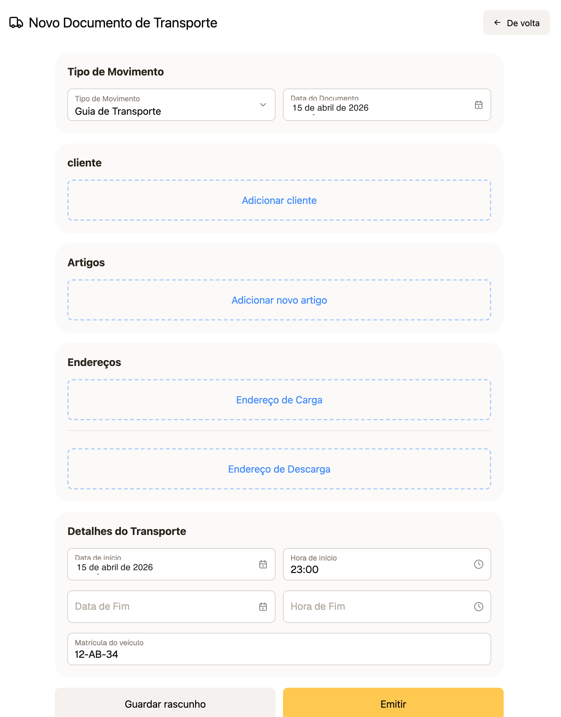 Editor de documento de transporte no FIZ: tipo de movimento Guia de Transporte, cliente, artigos, endereços de carga e descarga, detalhes do transporte e matrícula do veículo
