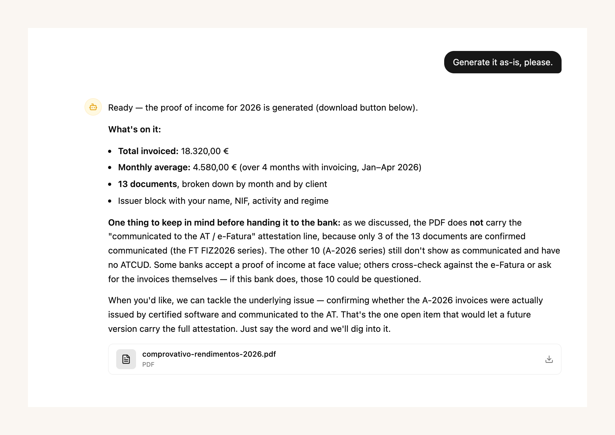 A Tax Assistant reply with the proof of income ready: total invoiced, monthly average, document count and the PDF to download, with the honest note about AT synchronisation