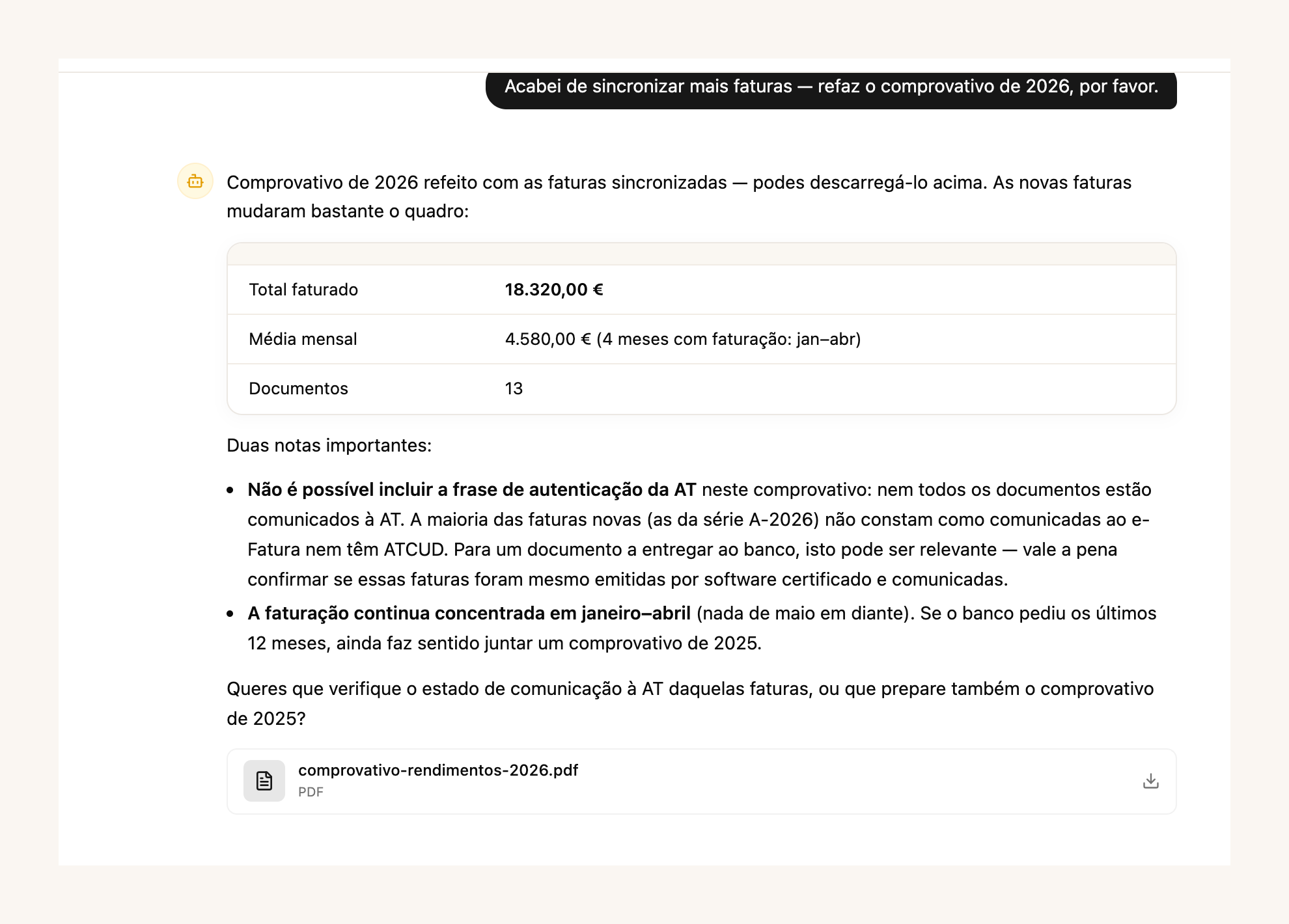 Resposta do Assistente Fiscal com o comprovativo de rendimentos pronto: total faturado, média mensal, número de documentos e o PDF para descarregar, com a nota honesta sobre a sincronização com a AT