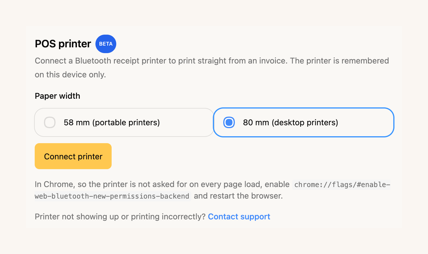Receipt printing settings in FIZ, with the paper width choice and Bluetooth printer pairing
