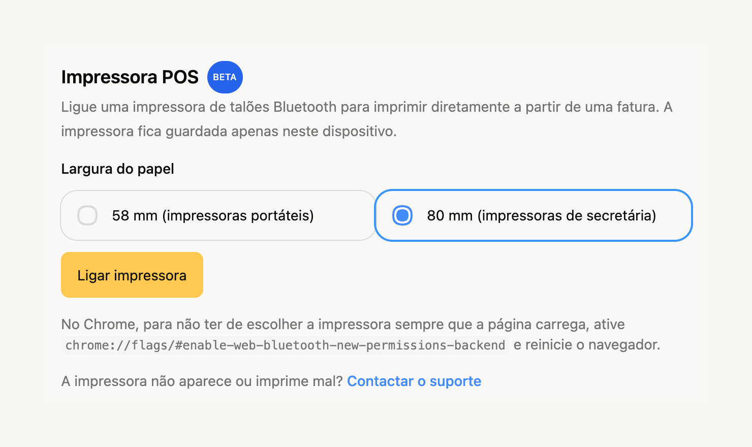 Definições de impressão de talões no FIZ, com a escolha da largura do papel e o emparelhamento da impressora Bluetooth