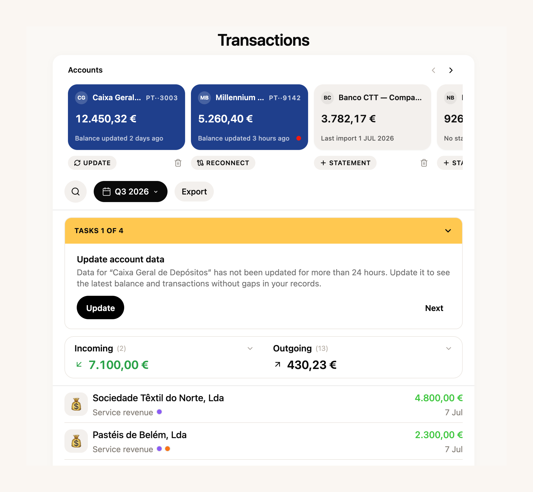 The transactions workspace in FIZ Finances: connected accounts with their balances, a pending task highlighted, the quarter's money in and out, and the categorised history