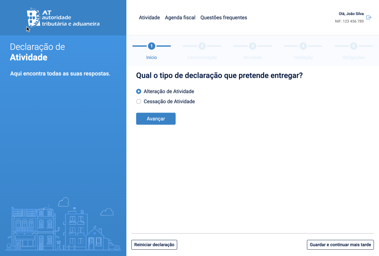 Initial screen of the Declaração de Atividade on the Finance Portal, with the Alteração de Atividade option selected