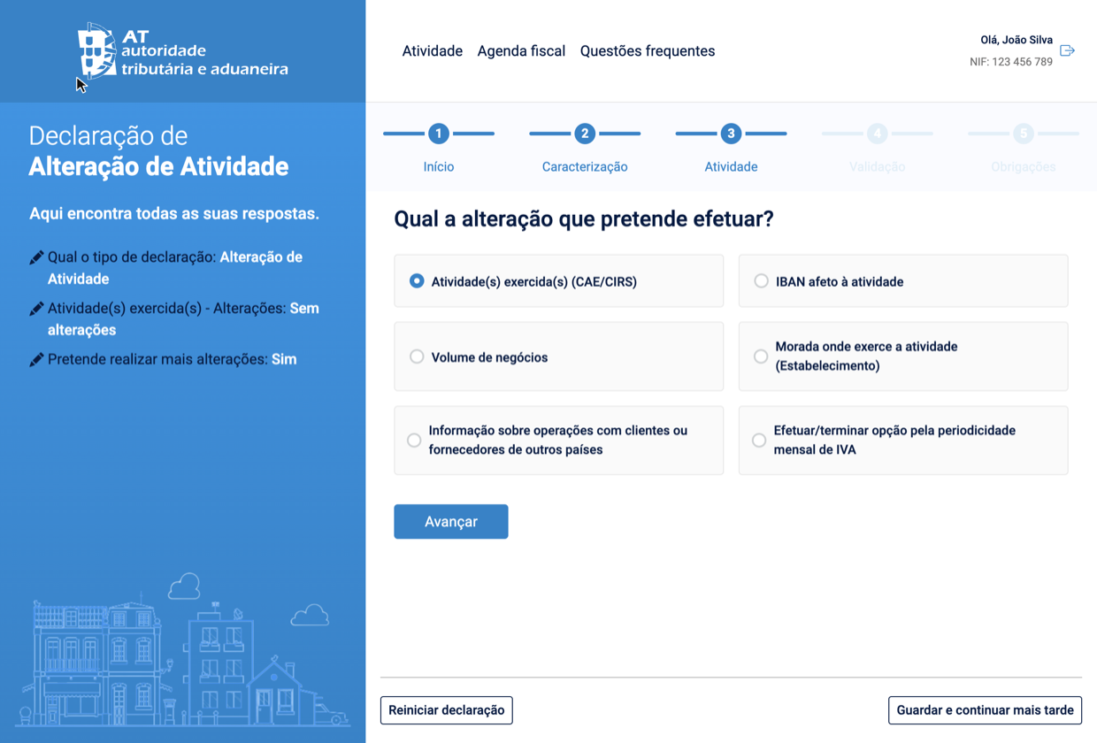 Screen for selecting the type of change on the Finance Portal, with the Atividade(s) exercida(s) (CAE/CIRS) option