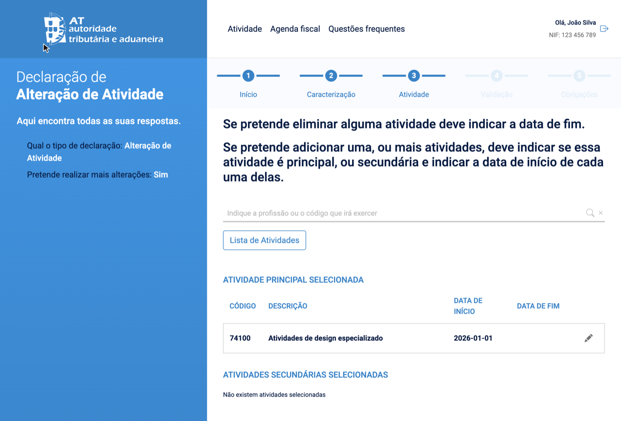Activity code search screen on the Finance Portal, with the field "Indique a profissão ou o código que irá exercer"