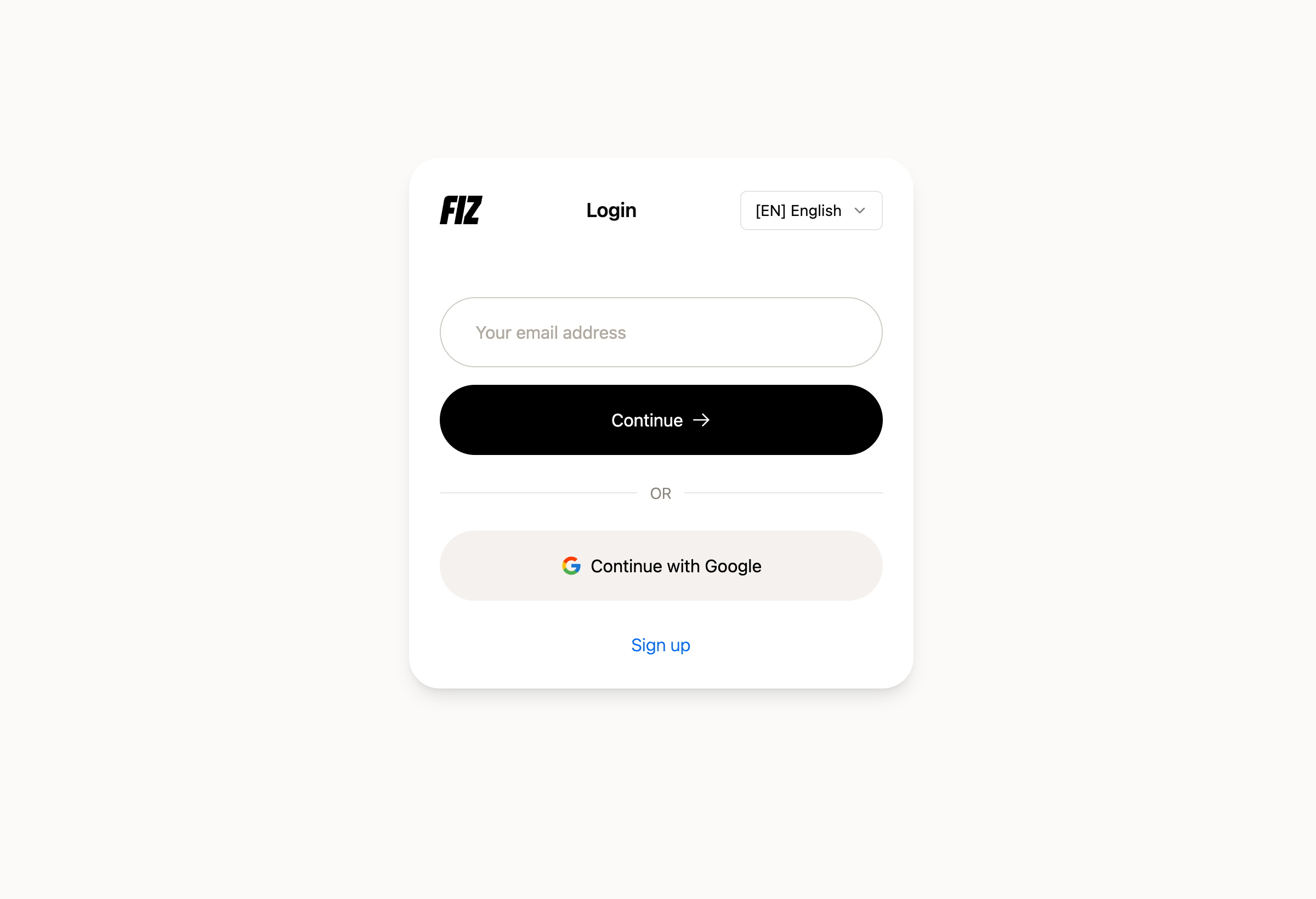 FIZ's sign-in screen with the "Continue with Google" option
