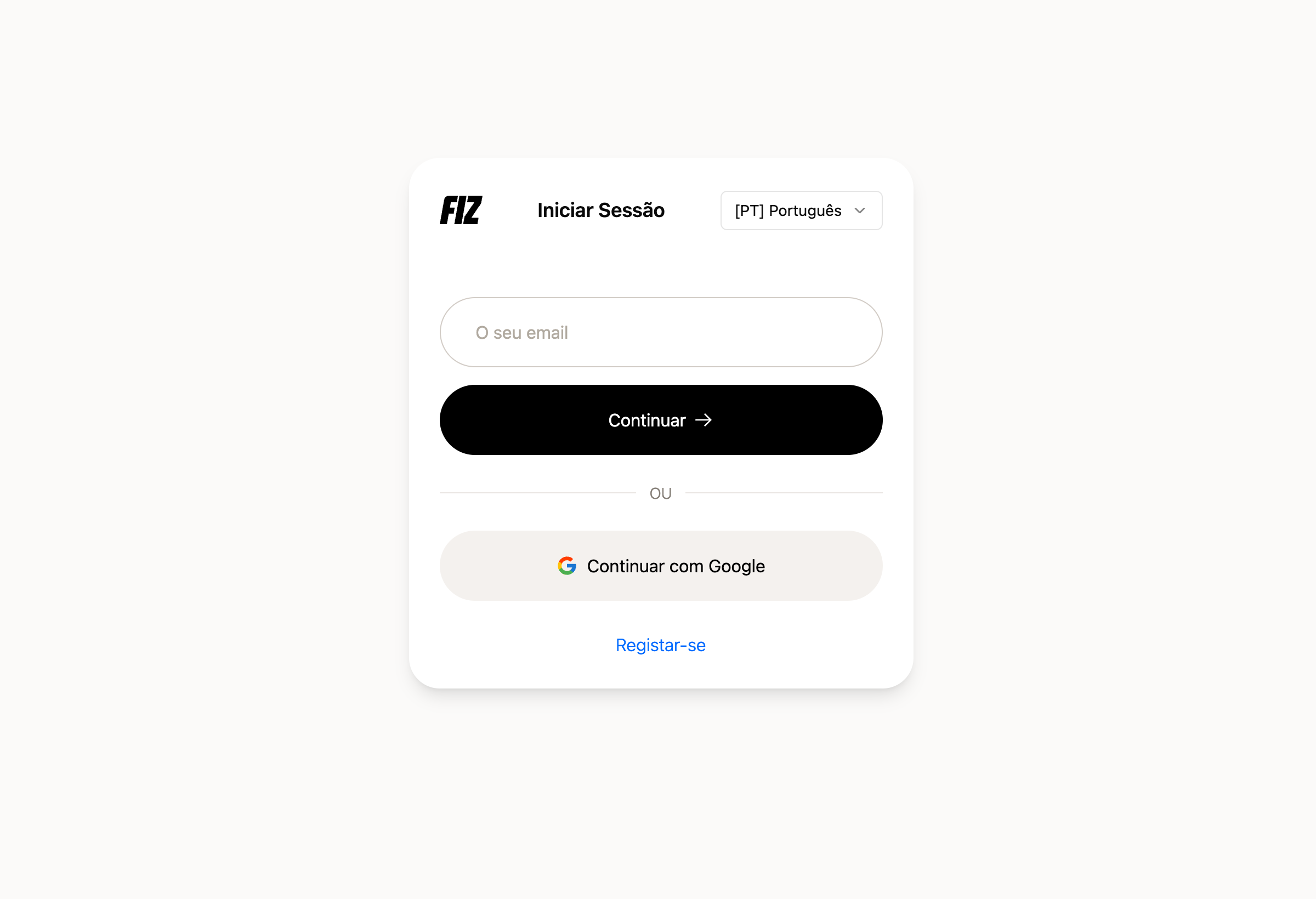 Ecrã de início de sessão do FIZ com a opção "Continuar com Google"