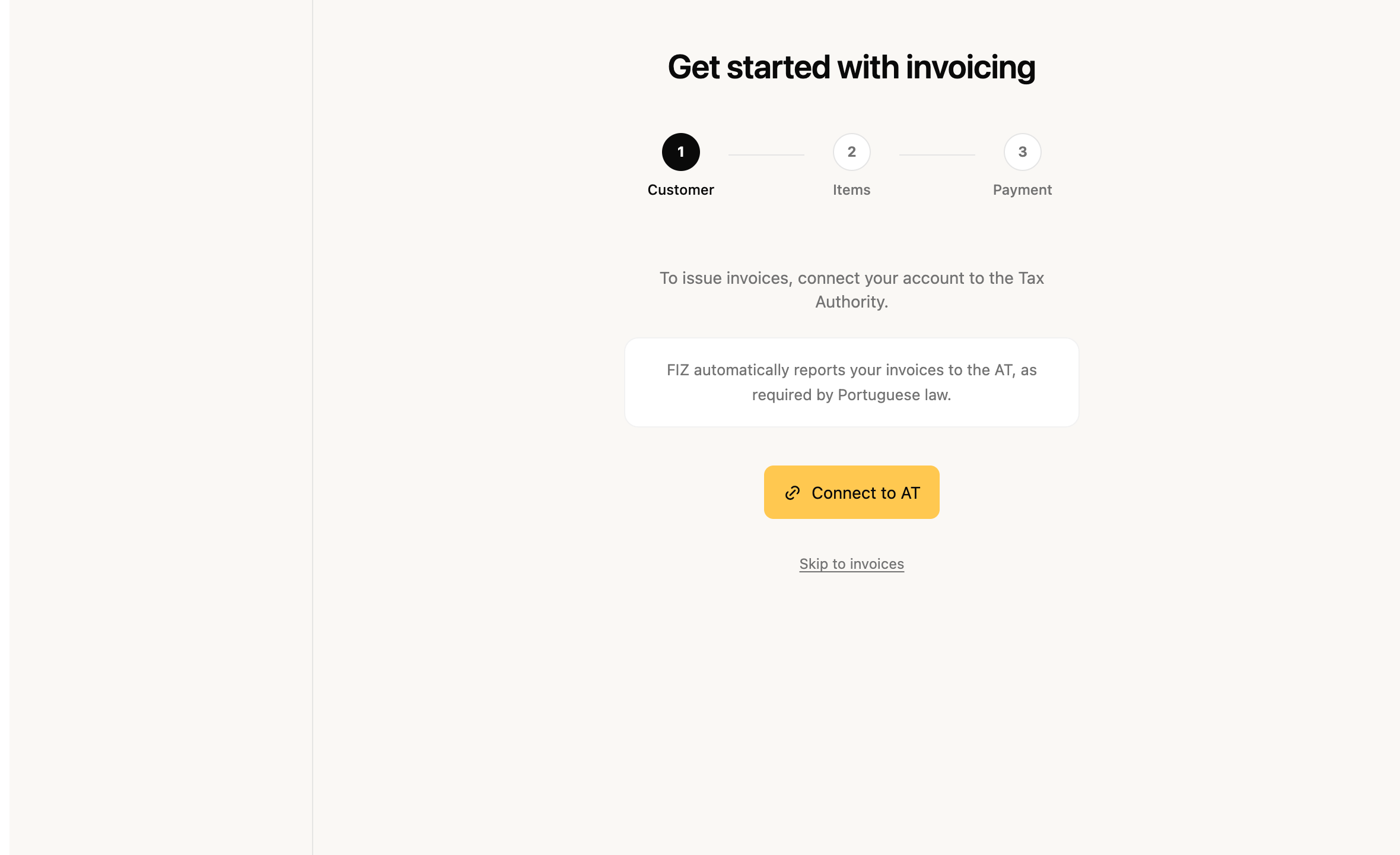 FIZ's invoice wizard with the Customer, Items and Payment steps, starting with connecting to the Tax Authority