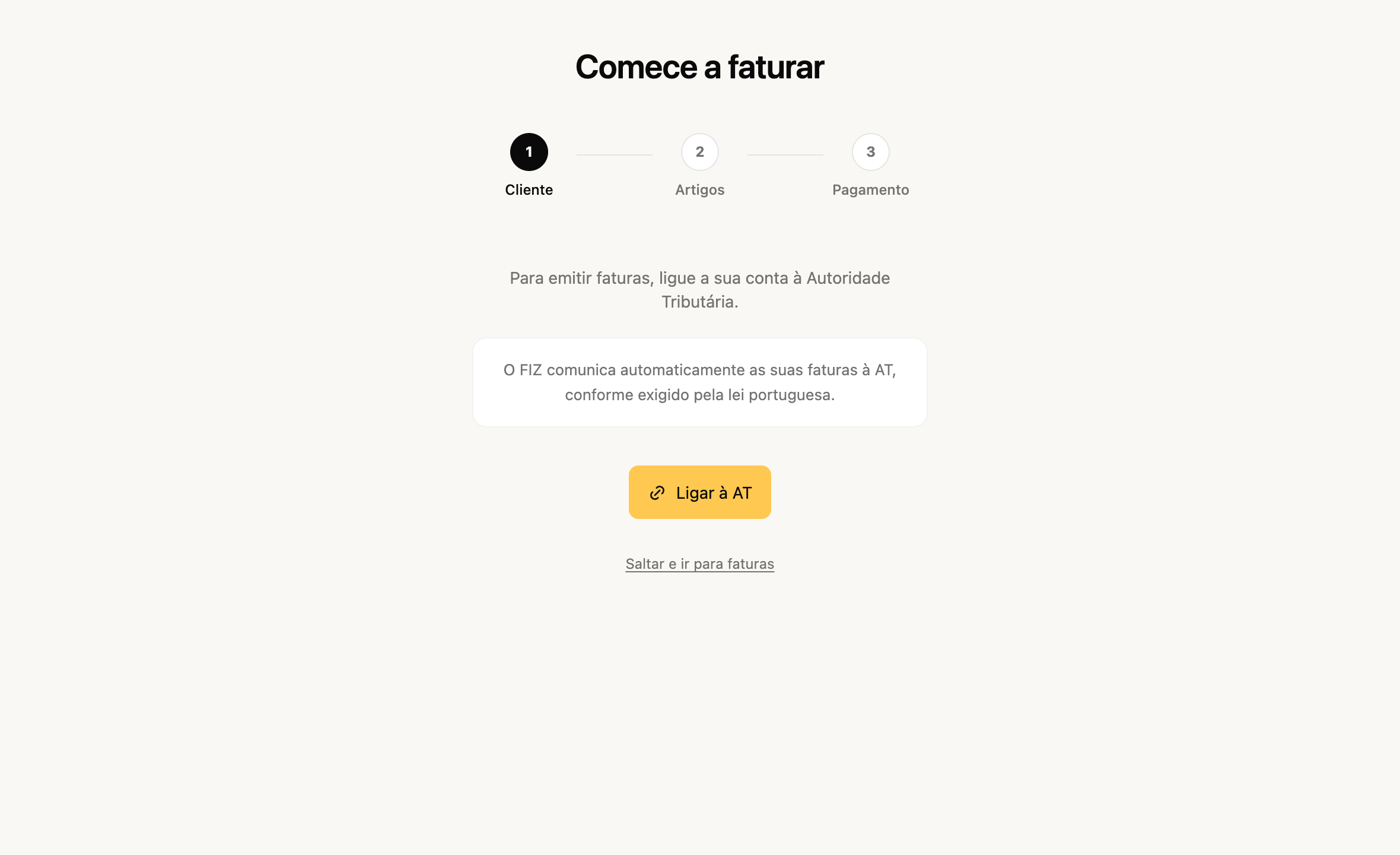 Assistente de faturação do FIZ com os passos Cliente, Artigos e Pagamento, a começar pela ligação à Autoridade Tributária
