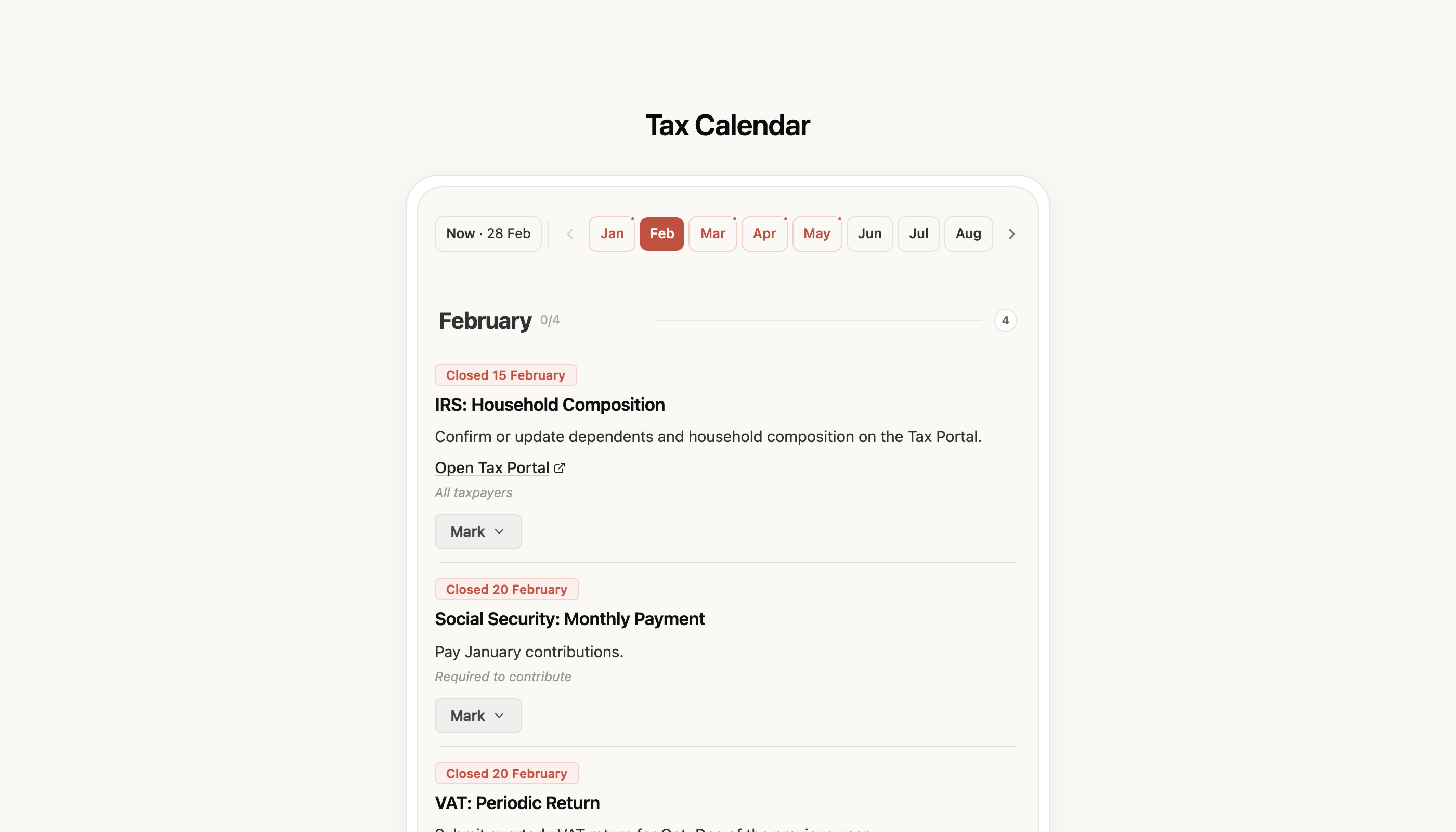 FIZ's Tax Calendar showing February's deadlines — IRS, Social Security and VAT — each with its status and a button to declare on FIZ