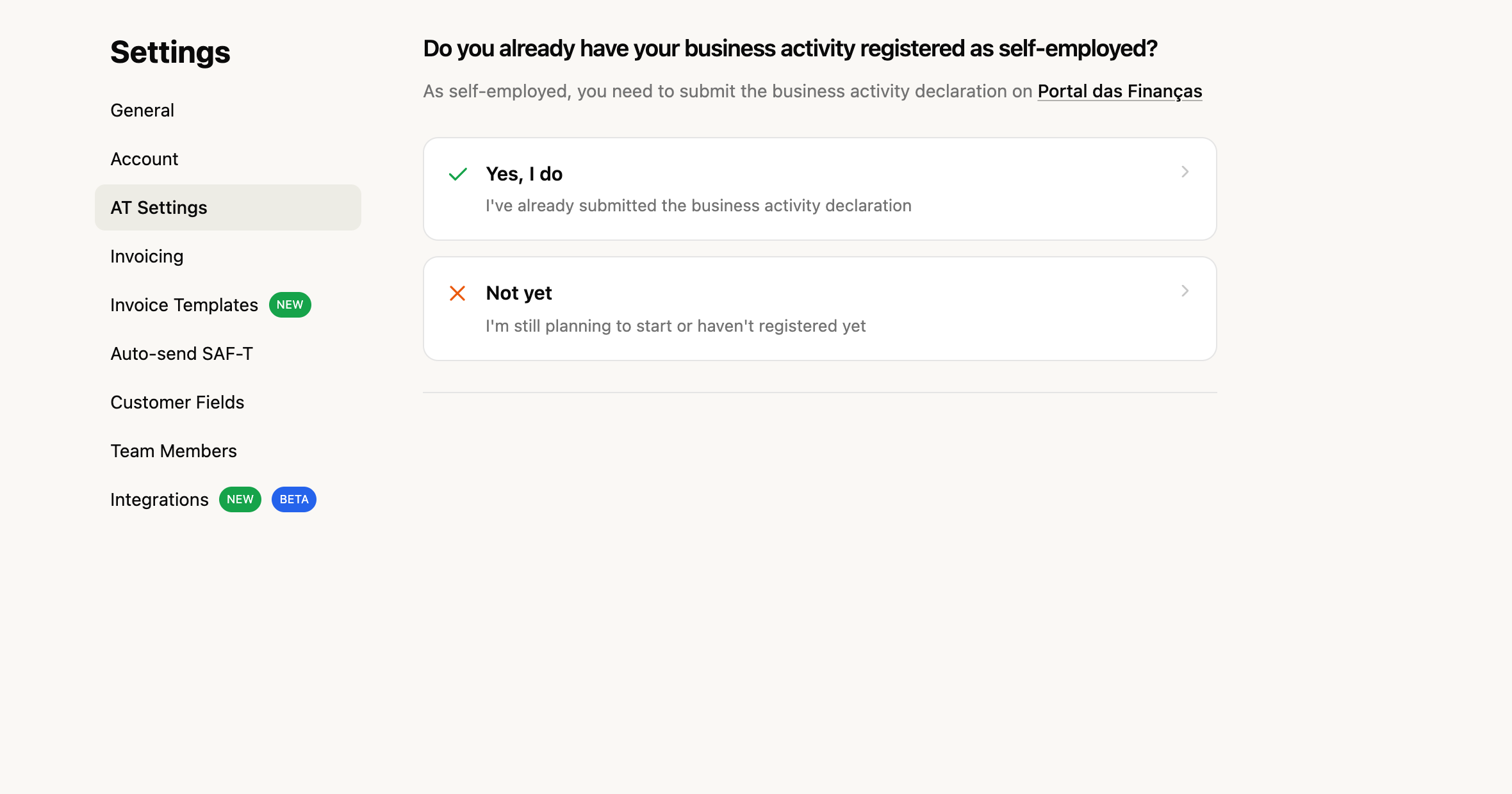 FIZ's step-by-step AT connection wizard asking whether your business activity is already registered