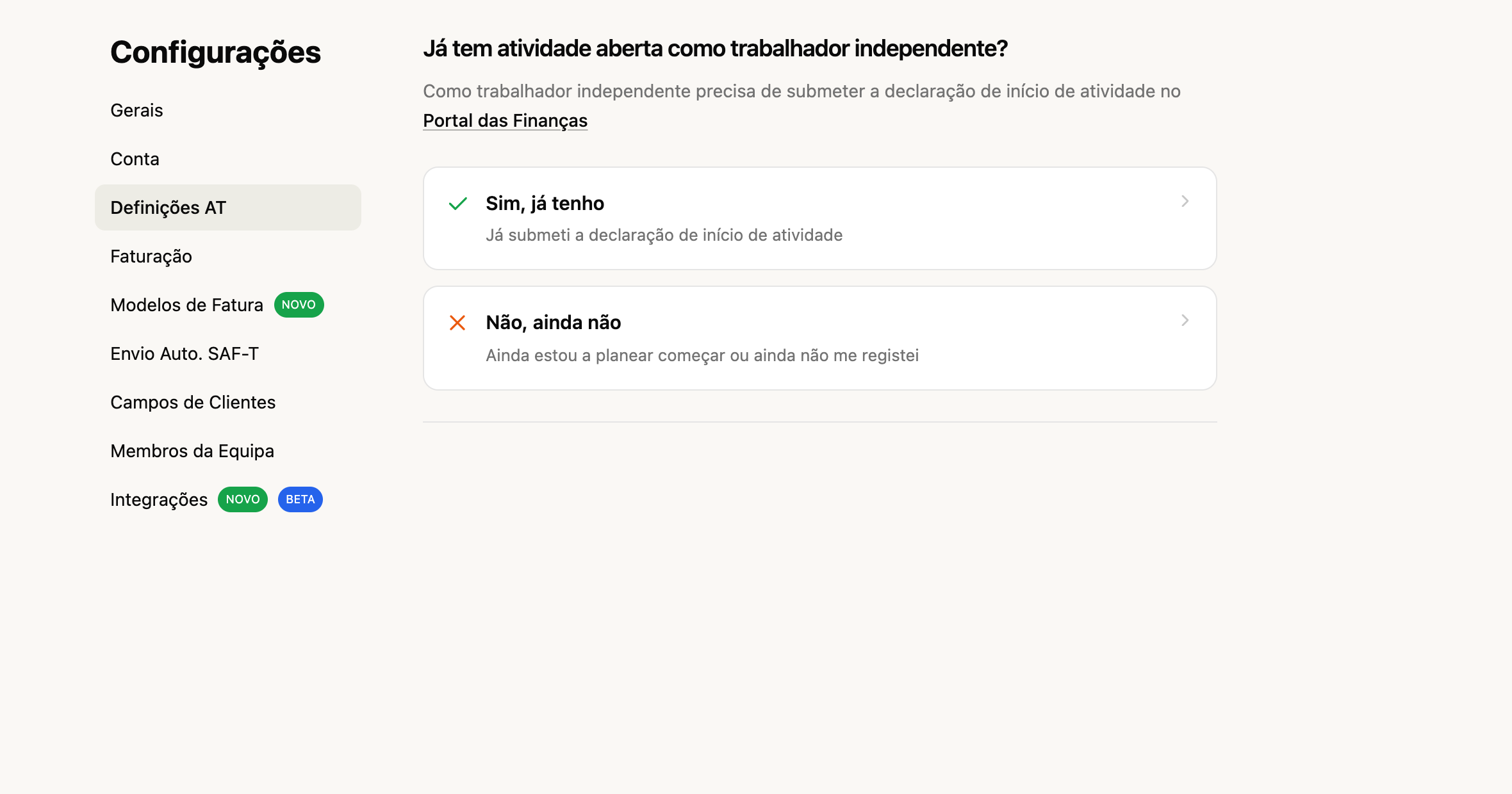 Assistente passo a passo de ligação à AT no FIZ, a perguntar se já tens atividade aberta como trabalhador independente