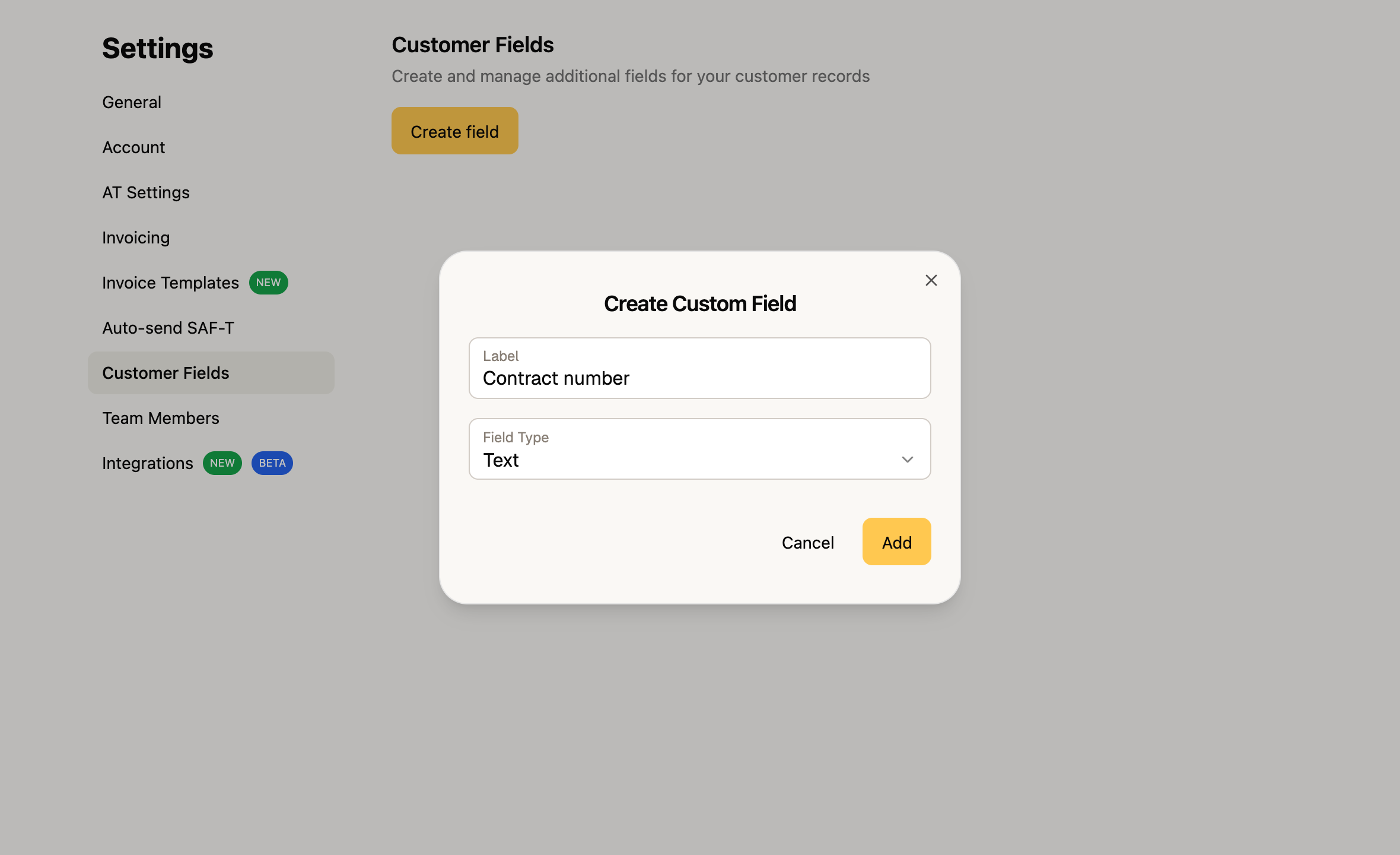 Creating a custom customer field in FIZ — label and field type (text, number, date or list)
