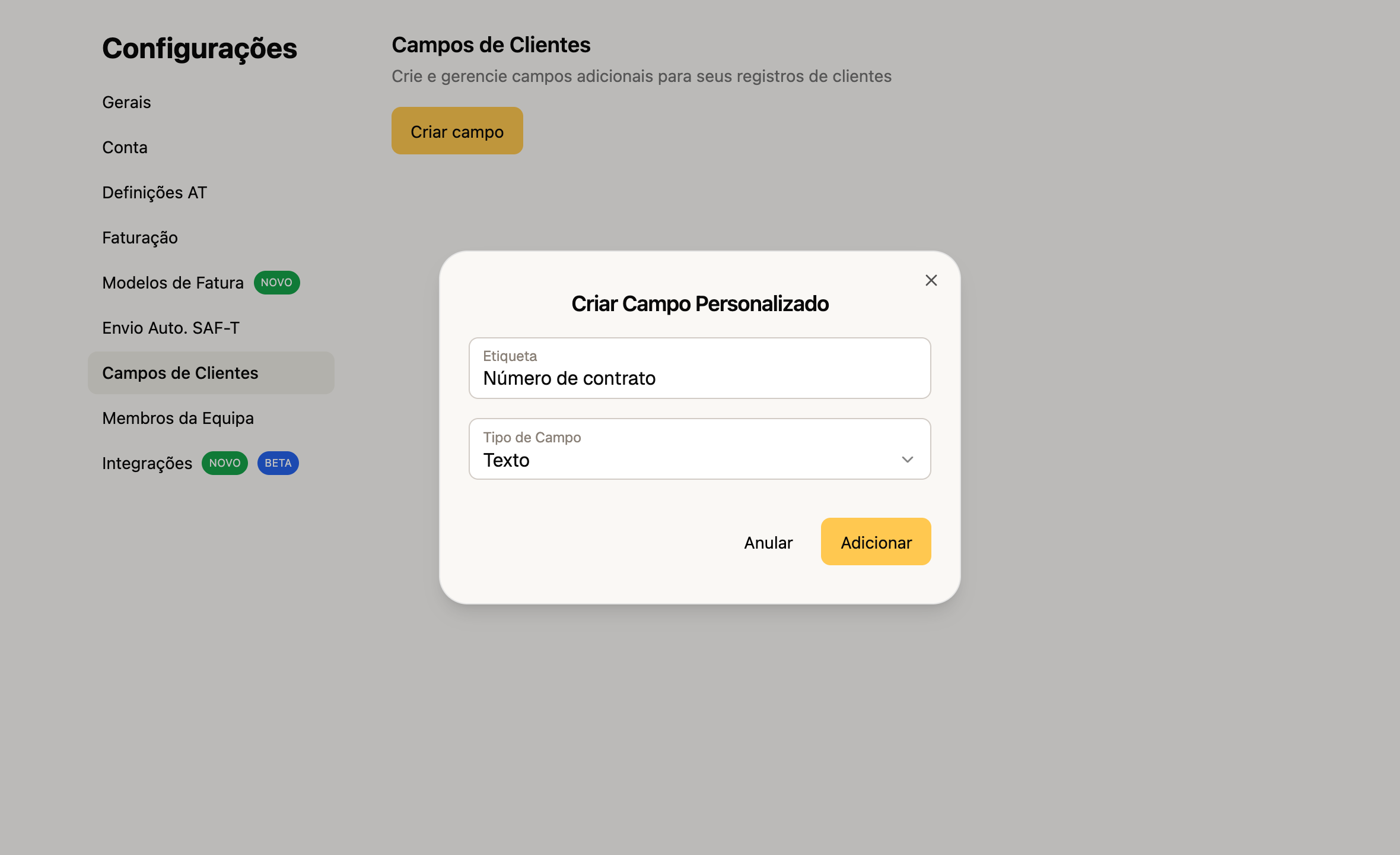 Criar um campo personalizado de cliente no FIZ — etiqueta e tipo de campo (texto, número, data ou lista)