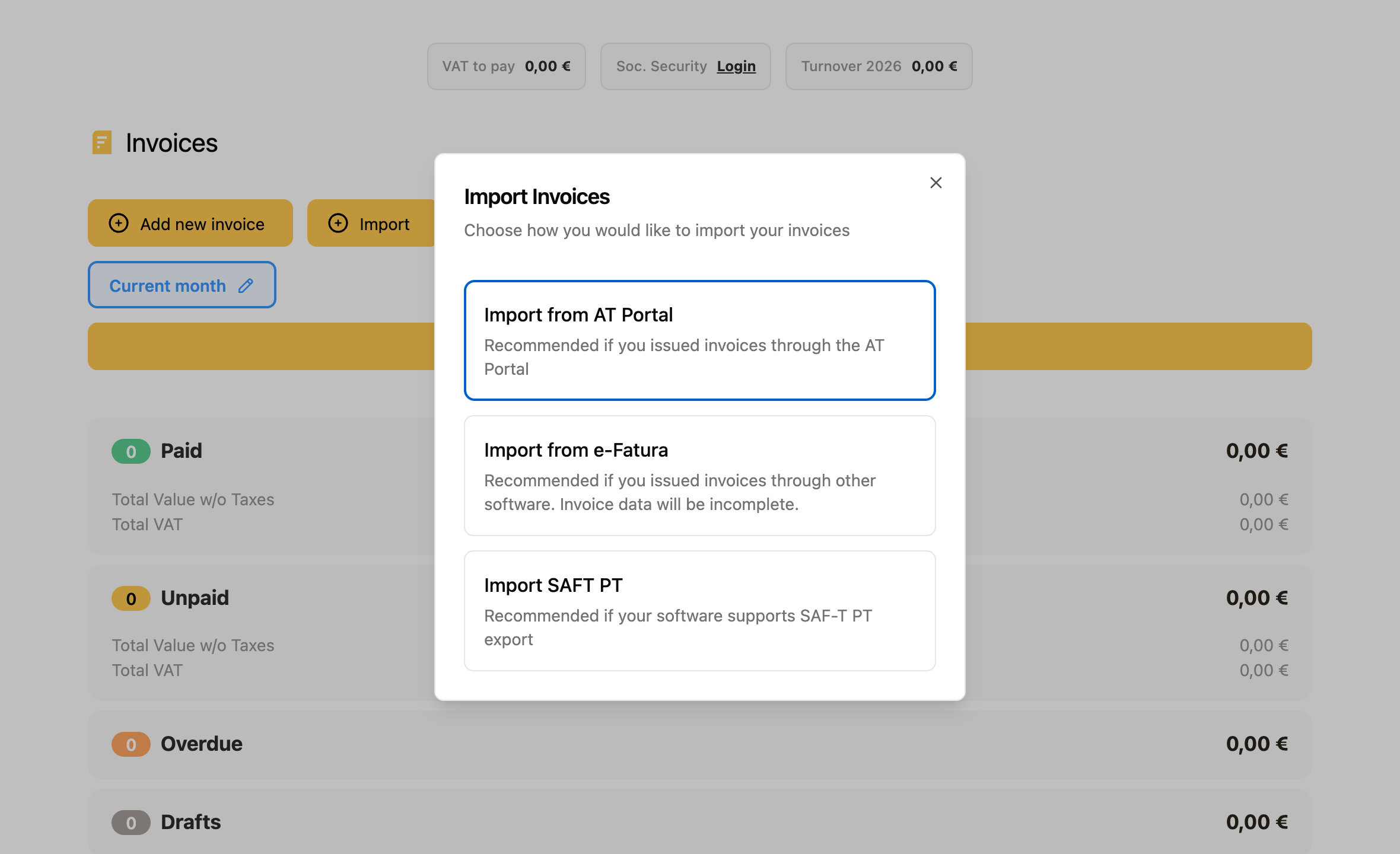 Importing invoices in FIZ: choose between AT Portal, e-Fatura or SAFT-PT