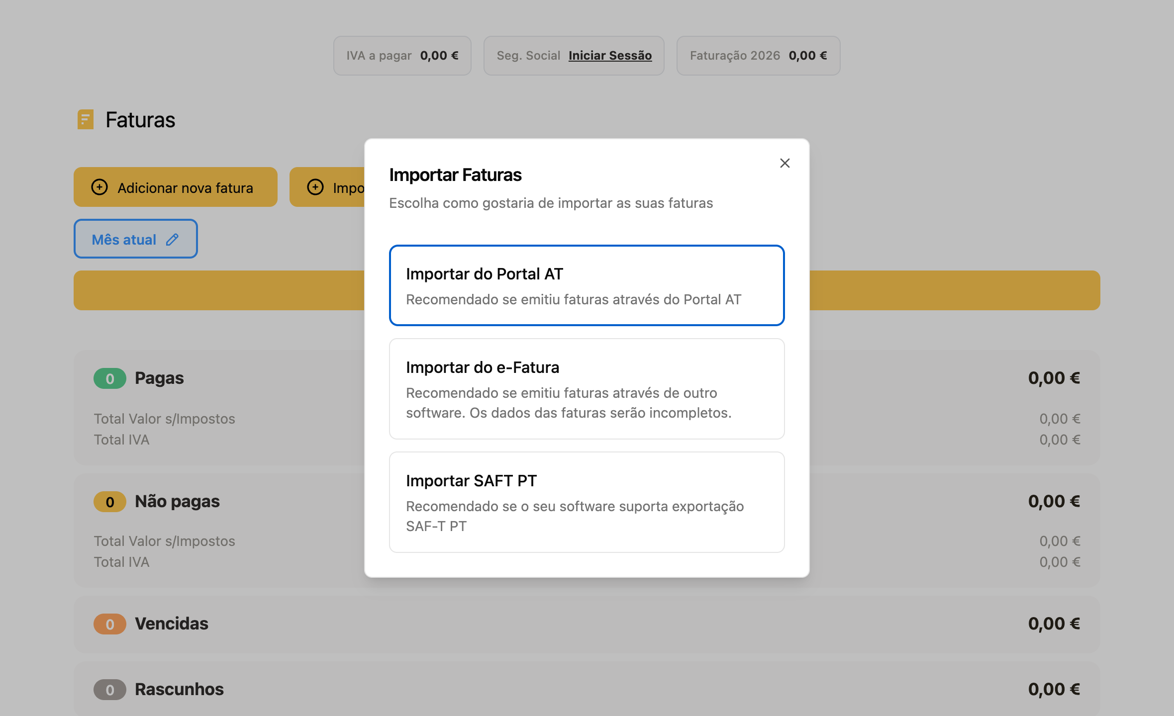 Importação de faturas no FIZ: escolher entre Portal AT, e-Fatura ou SAFT-PT