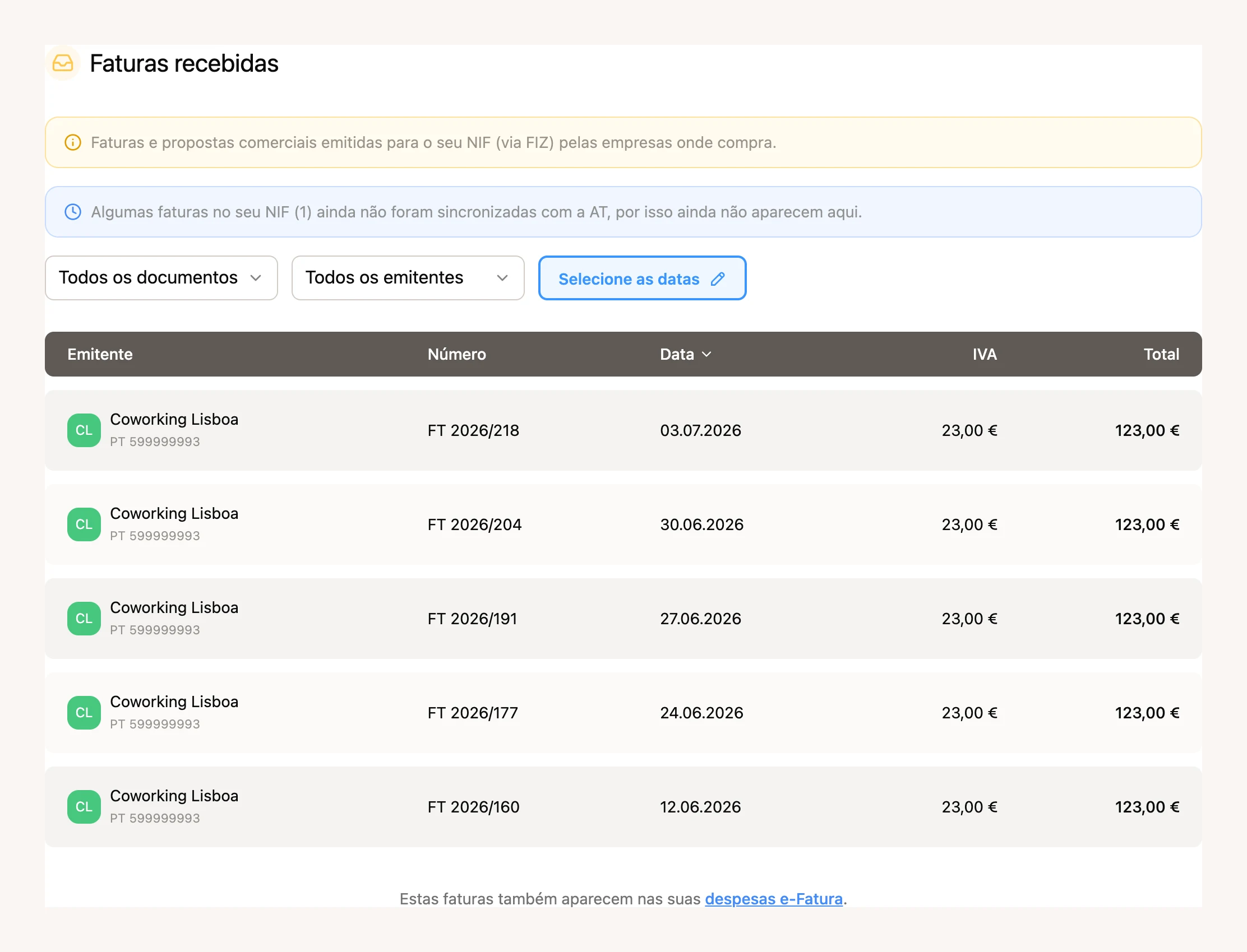 O portal de quem recebe faturas no FIZ: a lista de faturas emitidas para o seu NIF, com emitente, número, data, IVA e total, mais os filtros por documento, emitente e datas