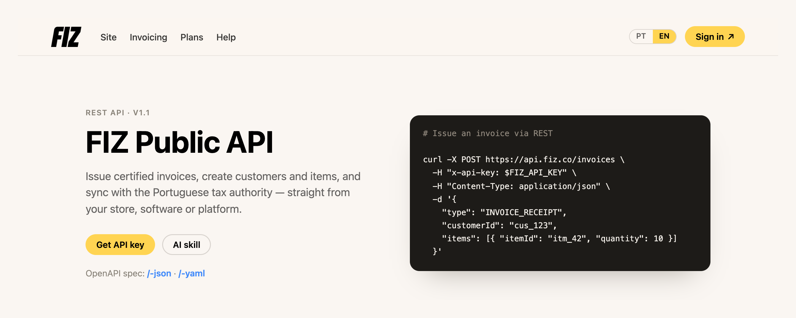 The redesigned FIZ public API page at api.fiz.co: branded header, a REST invoice-issuing example, and the "Get API key" and "AI skill" buttons
