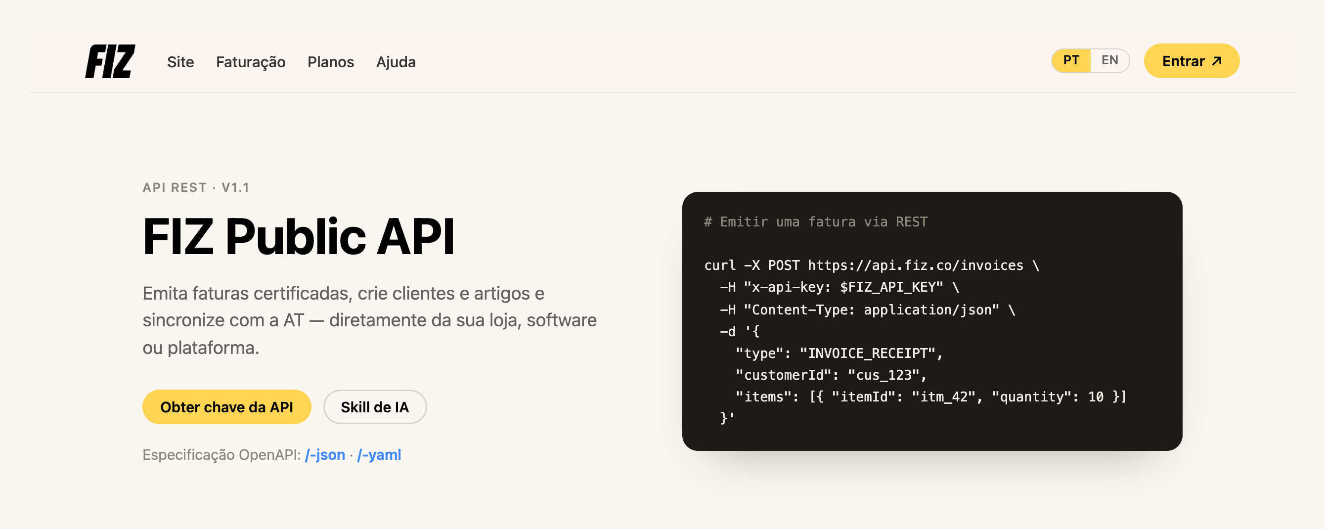 Nova página da API pública da FIZ em api.fiz.co: cabeçalho da marca, exemplo de emissão de fatura por REST e os botões «Obter chave da API» e «Skill de IA»