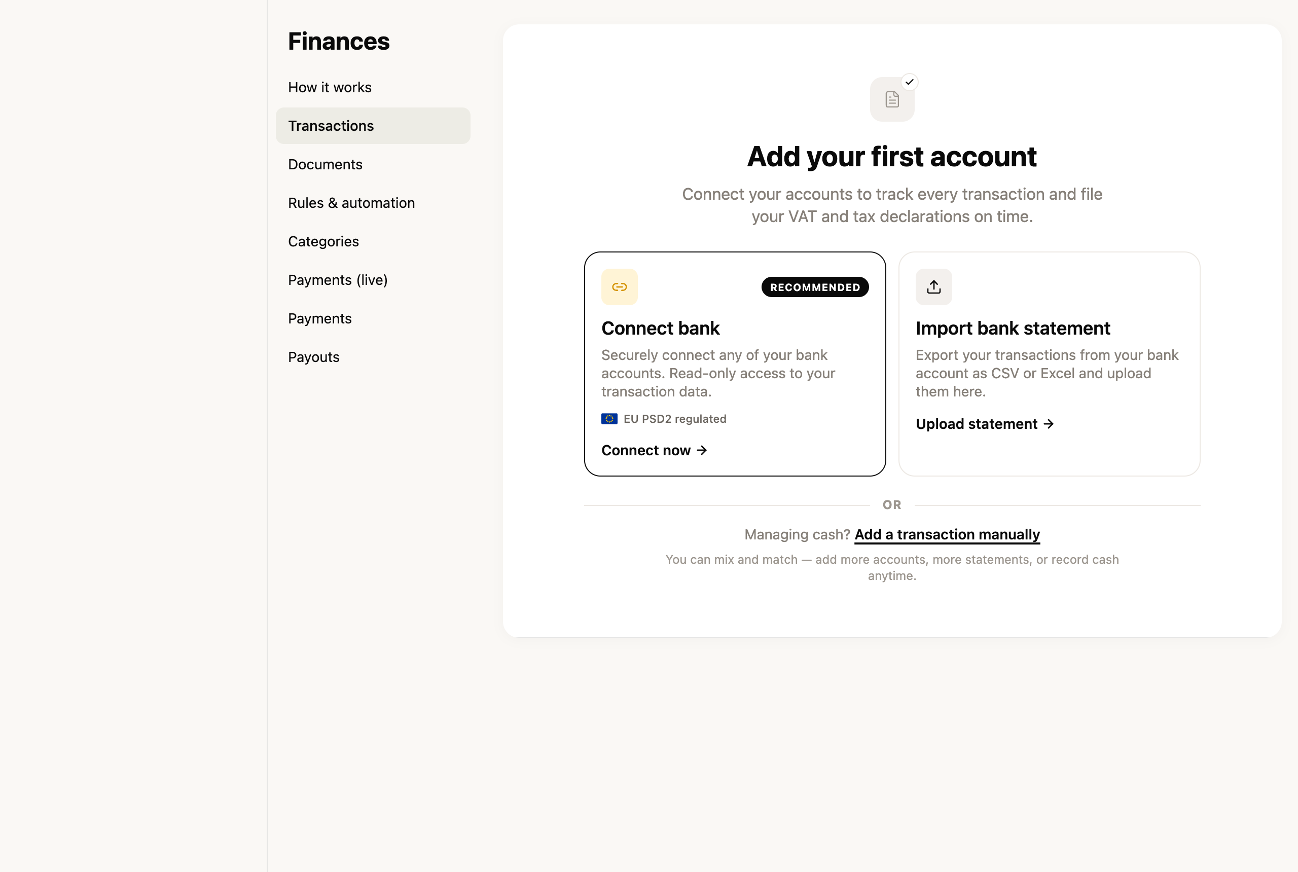 FIZ's Finances section: connect a bank account or import a statement to start reconciling transactions and documents