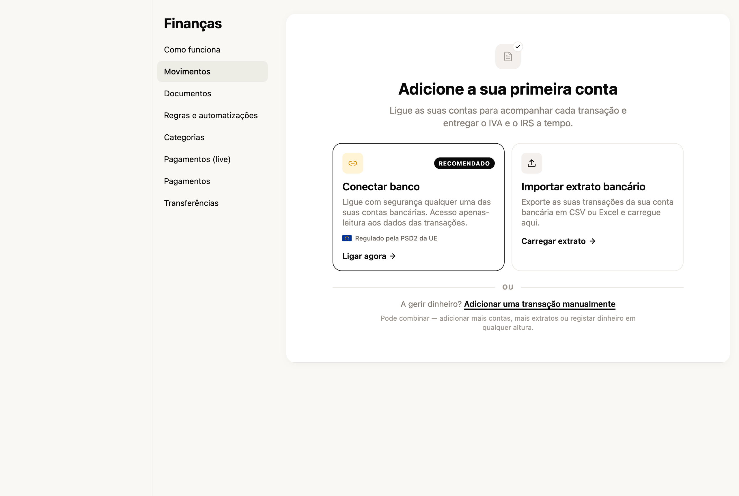 Secção Finanças do FIZ: ligar a conta bancária ou importar o extrato para começar a conciliar transações e documentos