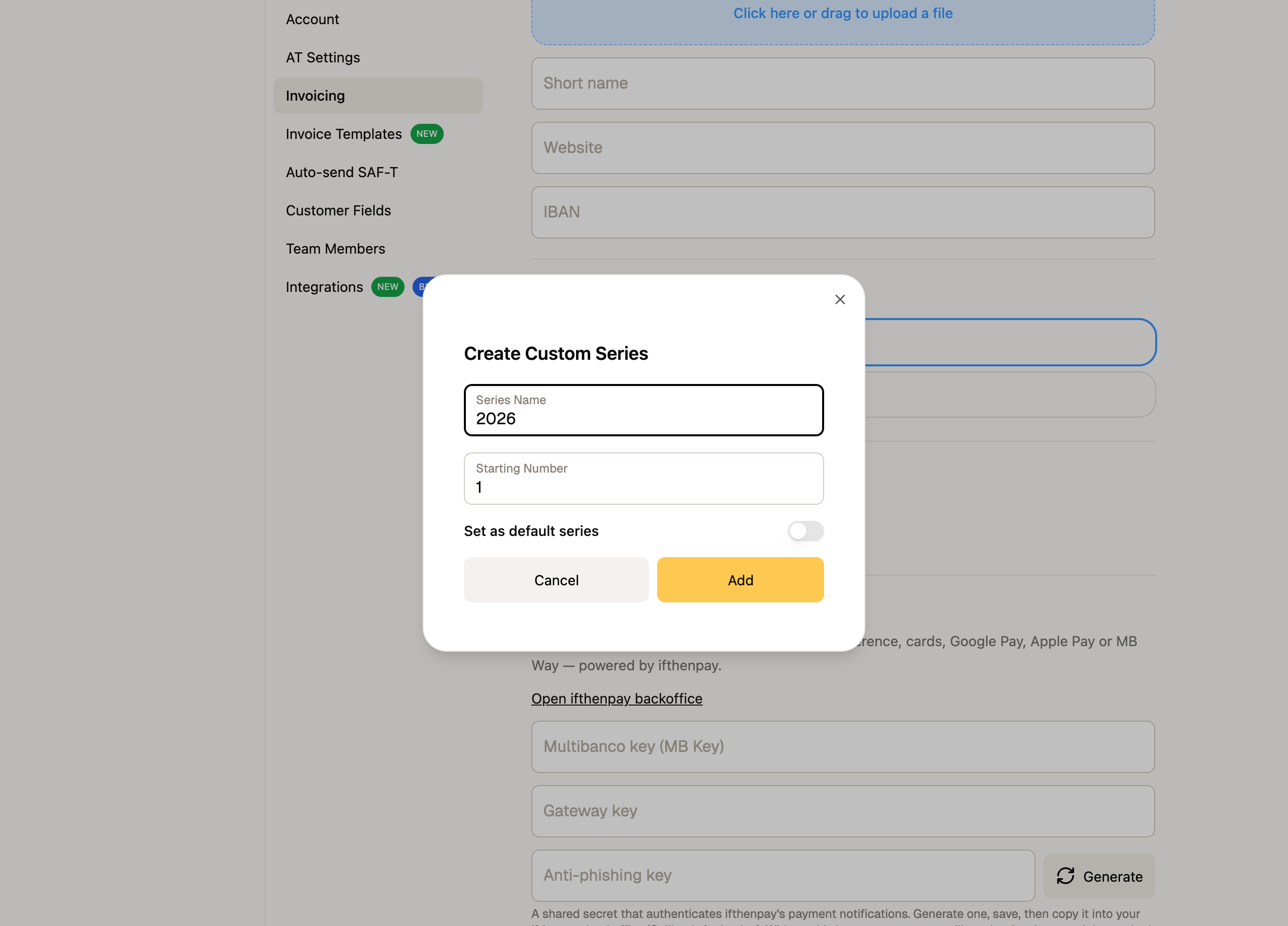 Creating a custom series in FIZ — series name and starting number