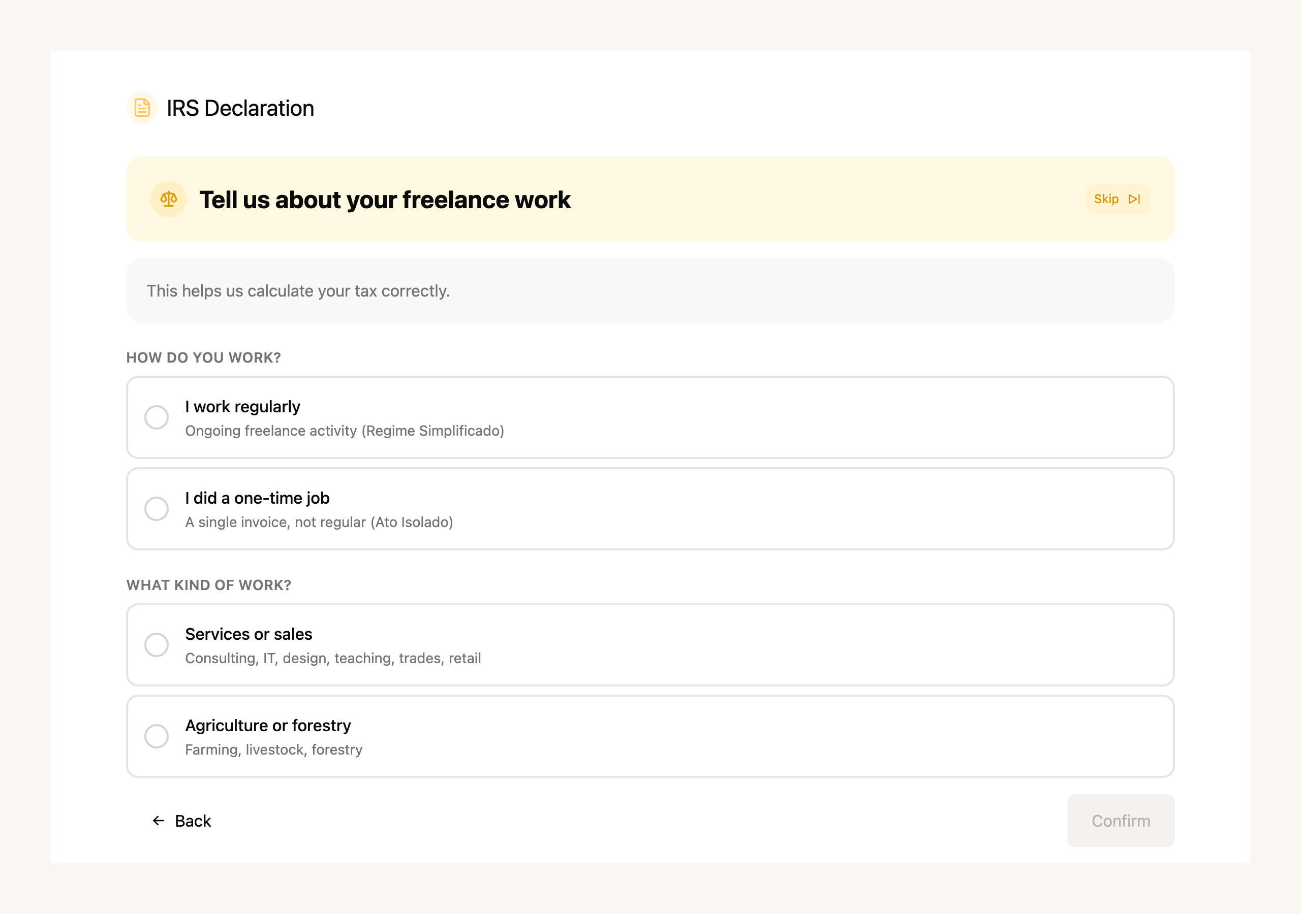 A step in the IRS wizard about freelance work: how you work (Regime Simplificado or one-off) and what kind of work it is