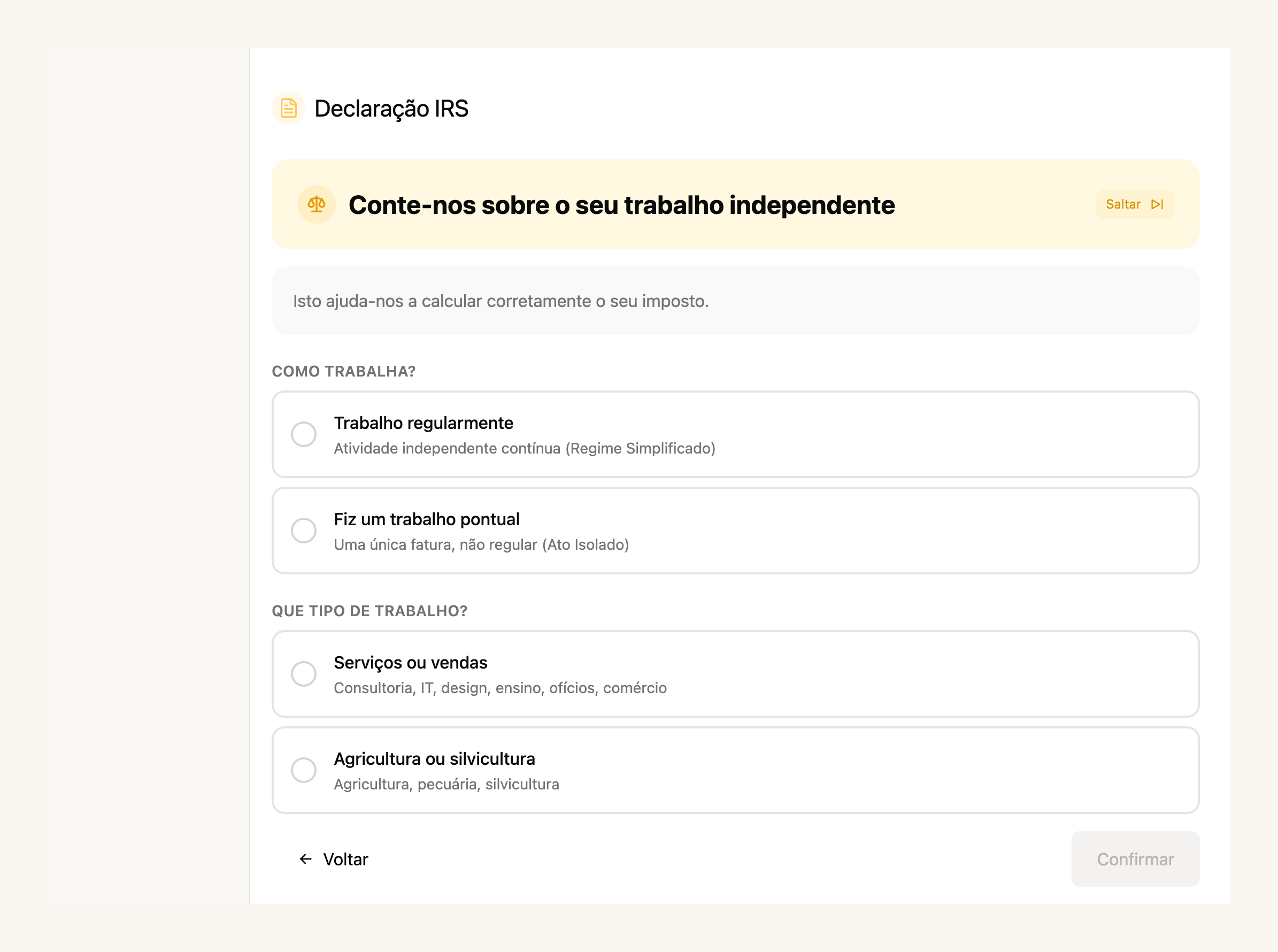 Passo do assistente de IRS sobre o trabalho independente: como trabalha (Regime Simplificado ou Ato Isolado) e que tipo de trabalho