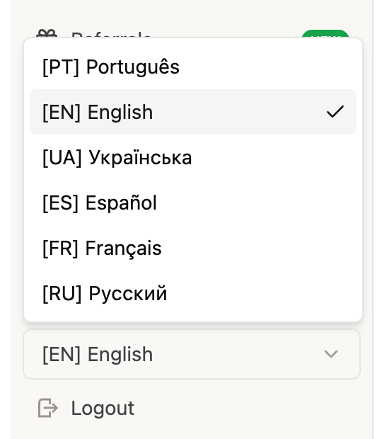 FIZ's language switcher with six options: Portuguese, English, Ukrainian, Spanish, French and Russian