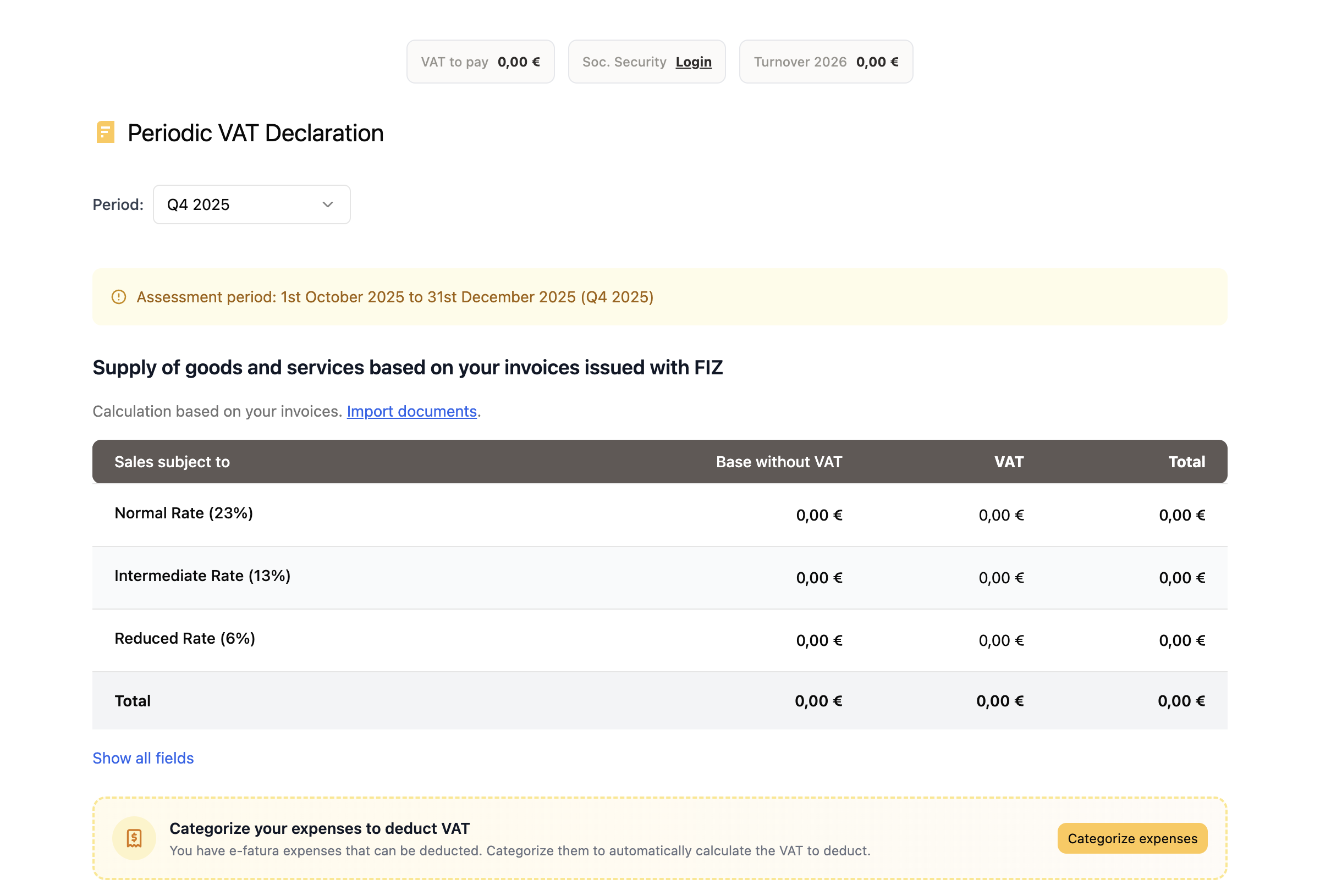 FIZ periodic VAT return with the option to categorise expenses for VAT deduction