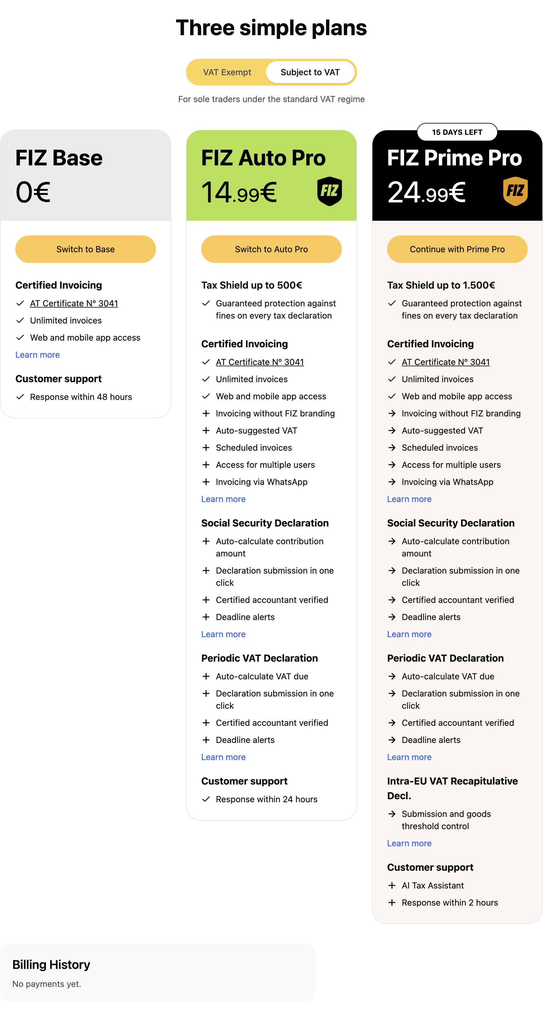 FIZ's three plans — Base, Auto Pro and Prime Pro — with card or MB WAY payment