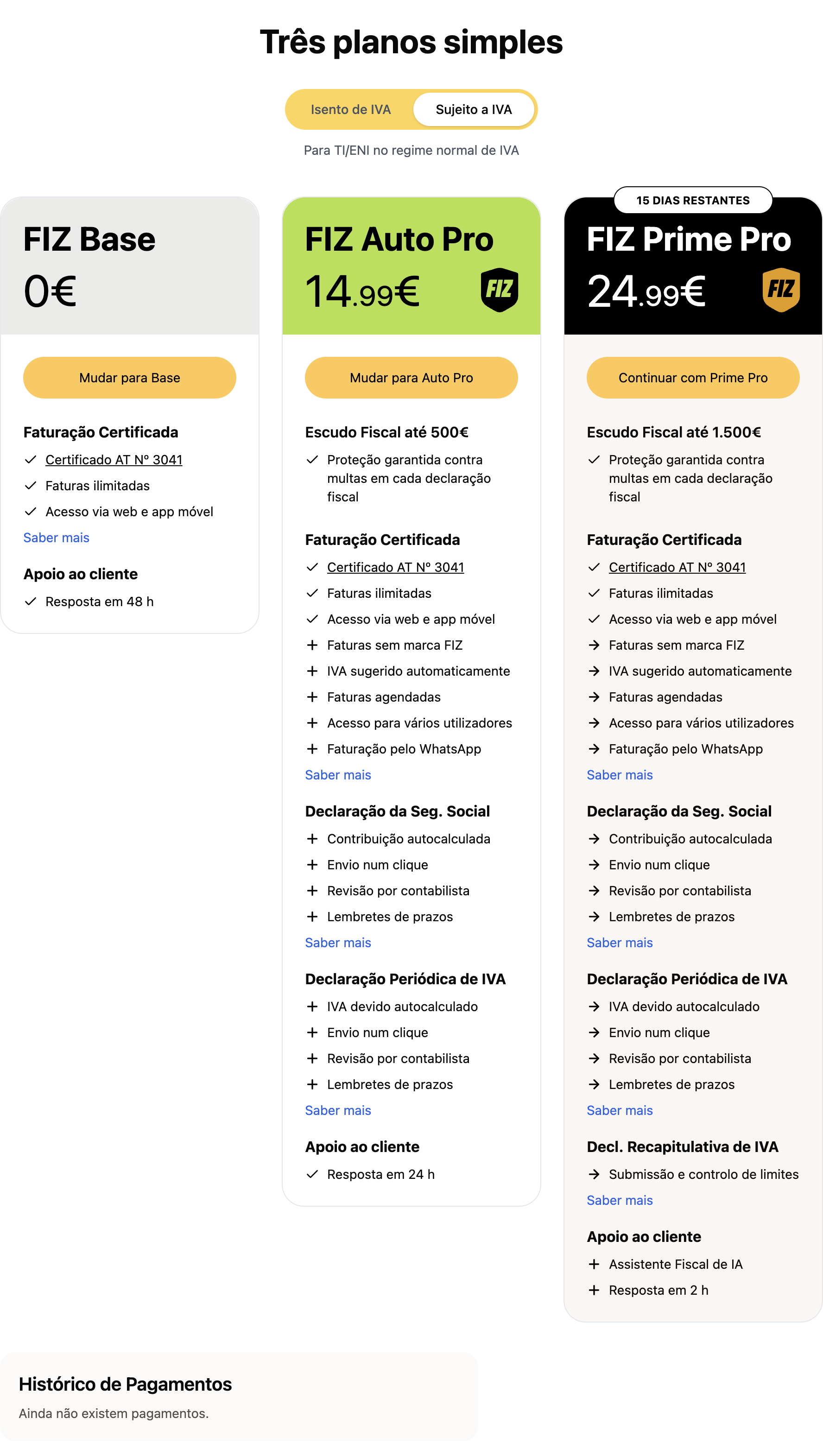 Os três planos do FIZ: Base, Auto Pro e Prime Pro, com pagamento por cartão ou MB WAY