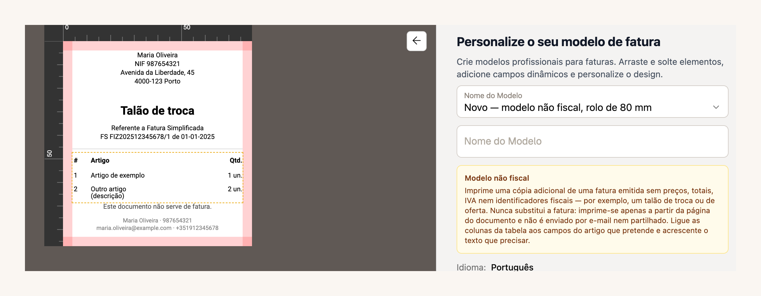Editor de modelos do FIZ com um modelo não fiscal em rolo de 80 mm: um talão de troca sem preços